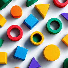 Bright minimalistic flatlay of primary-colored geometric objects with shadows