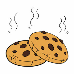 Two chocolate chip cookies with steam rising on white background  