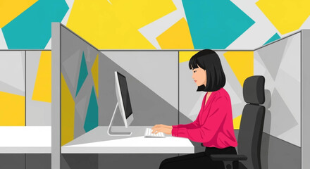 Modern Office Worker at Desk, Illustration for Website or Brochure