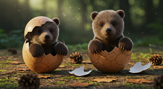 brown bears in the forest baby  haching an egg new births in snow