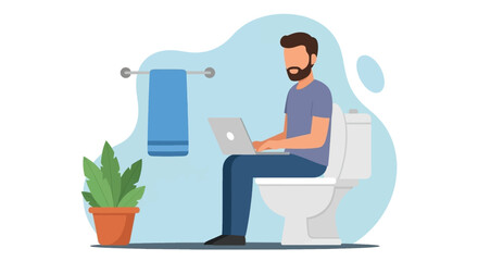 Man working on laptop while sitting on toilet - Illustration for articles about work-life balance, remote work challenges, or humorous content.