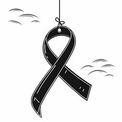 Black awareness ribbon hanging with birds in simple line art  