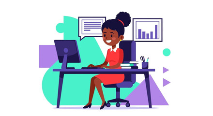 Happy businesswoman working on computer, perfect for website banners or business presentations.