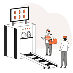 Baggage scanner machine with operators handling luggage at airport  