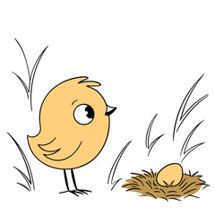Cartoon baby chick looking at its egg in a nest  
