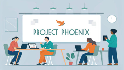 Diverse team collaborating on Project Phoenix, ideal for presentations on teamwork and project management.