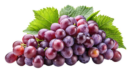 Obraz premium A ripe bunch of juicy red grapes with vibrant green leaves presented isolated on transparent background