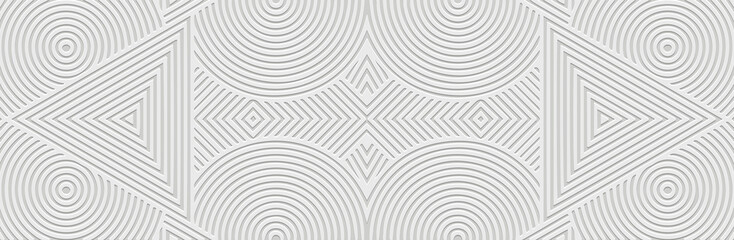 Banner, cover design, wallpaper, fresco. Ethnic original pattern on a white background. Geometric figures. 3D, embossing. Ornaments, arabesques, mandala of the East, Asia, India, Mexico, Aztecs, Peru.