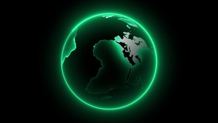 Glowing Green Earth Globe Neon Outline on Black Background