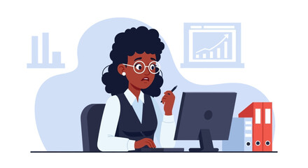 Worried businesswoman reviewing data on computer screen, perfect for illustrating business challenges or problem-solving concepts on websites and presentations.