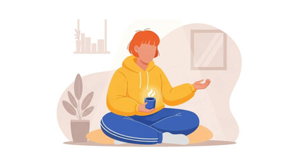 Woman meditating with a warm drink, perfect for wellness websites or mindfulness apps.
