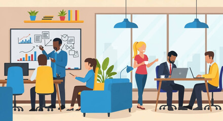 Diverse team collaborating in a modern office, perfect for illustrating teamwork and innovation on your website or brochure.