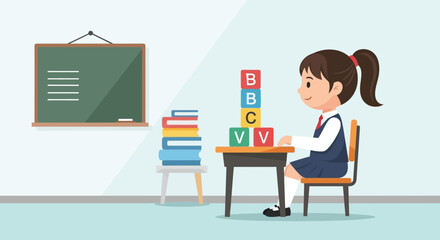 Happy Schoolgirl Enjoying Learning With Alphabet Blocks In The Classroom