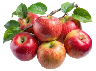 A bunch of freshly picked ripe red and yellow apples with green leaves on a branch isolated on transparent background