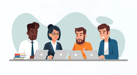 Diverse team collaborating on laptops, perfect for website banners or project presentations.