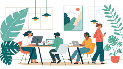 Diverse team collaborating in a modern, plant-filled office. Ideal for websites, brochures, and presentations showcasing teamwork and innovation.