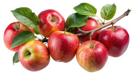 A bountiful cluster of ripe red and yellow gala apples with green leaves attached to a thin branch isolated on transparent background