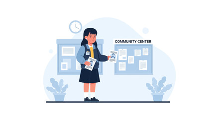Girl posting flyers at community center, volunteer, poster, bulletin board, light blue illustration, recruitment drive concept design