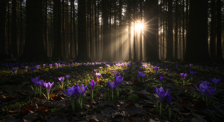 Obraz premium Sunlit Forest with Blooming Purple Crocuses Beneath Tall Trees
