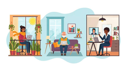 Diverse people working remotely from home, ideal for illustrating work-from-home concepts on a blog or website.