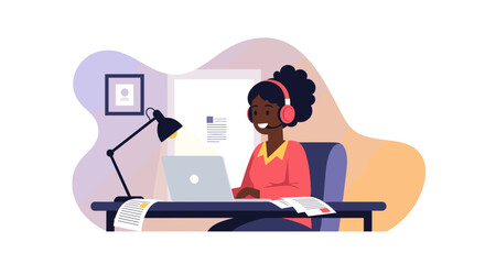 Happy Black woman working from home, perfect for websites and blogs about remote work, customer support, or telecommuting.