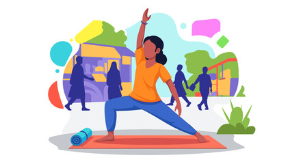 Woman practicing yoga outdoors in a vibrant city park setting. Ideal for health and wellness websites or brochures.