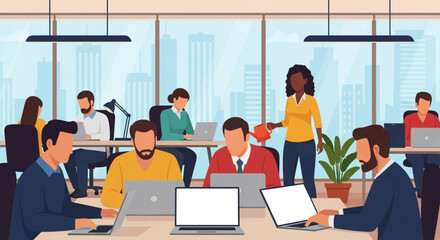 Diverse team of professionals working collaboratively in a modern office, ideal for website landing pages or business brochures.