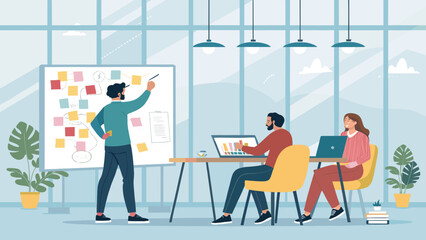 Team brainstorming session in modern office, ideal for project management or teamwork articles.