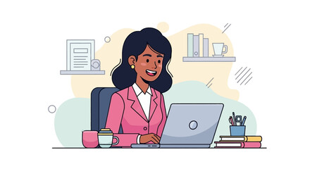 Happy businesswoman working on laptop in modern office, ideal for website banners or presentations.