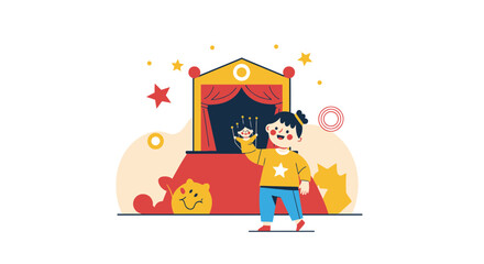 Fototapeta premium Happy Young Girl Enjoying a Hand Puppet Show at Home Performance