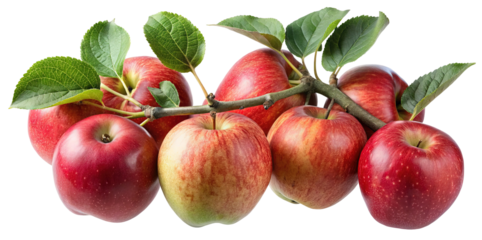 A cluster of freshly picked ripe red and yellow apples with green leaves on a branch isolated on transparent background
