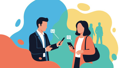 Businesspeople using smartphones for communication and collaboration; ideal for website banners or presentations.