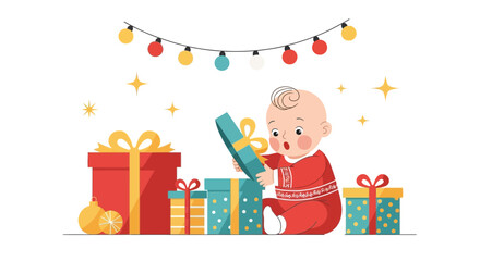Naklejka premium Festive Delight: Adorable Baby Opening Gifts Under Sparkling Holiday Lights and Stars
