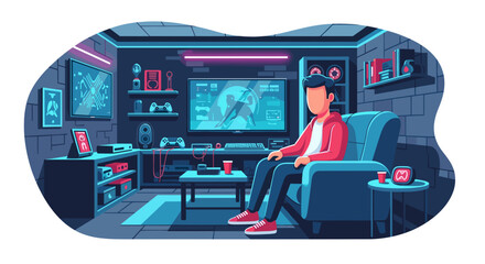 Gamer relaxing in his neon-lit gaming room, perfect for tech blogs or gaming websites. © Stock Journey