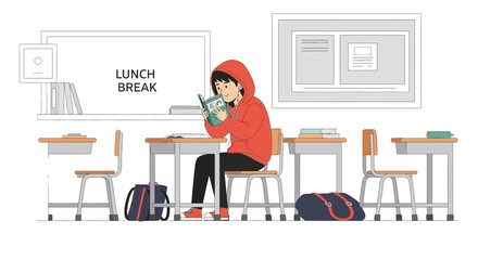 Illustration depicting a student reading during lunch break in a classroom setting showcasing relaxation