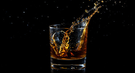 Ice Cube Impact in Amber Whiskey Glass Against Black Backdrop