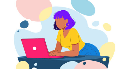 Woman working on laptop, freelance, remote work, digital nomad, colorful illustration for website or blog.