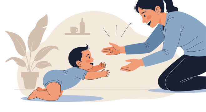 Illustration depicting a mother encouraging her baby to crawl towards her with love
