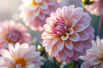 Fototapeta premium Morning Light on Dew-Kissed Pink Dahlias