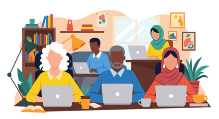 Diverse team working on laptops in a modern office, ideal for website banners or diversity and inclusion campaigns.