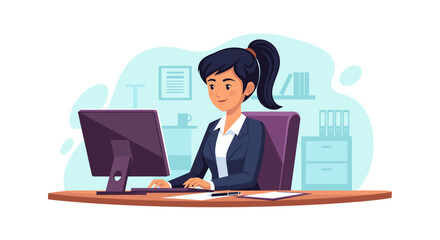 Businesswoman working on computer in modern office, perfect for website banners or marketing materials.