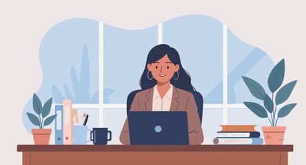 Happy businesswoman working on laptop at her desk, perfect for website banners or blog posts about work life balance.