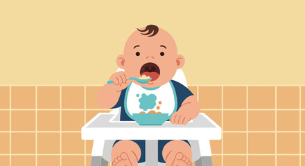 Illustration of a baby eating in a high chair, representing early childhood nutrition and development, perfect for health websites