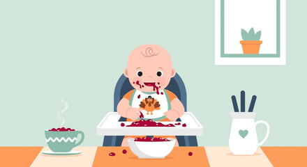 Fototapeta premium Festive First Feast Messy Cranberry Fun With Baby At Thanksgiving Dinner