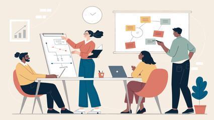 Diverse team brainstorming and collaborating on a project, perfect for illustrating teamwork and innovation on a website or presentation.