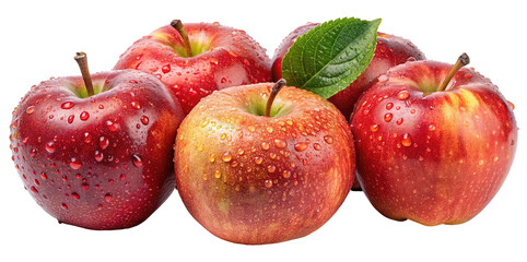 A fresh group of ripe red and yellow apples with water droplets isolated on transparent background