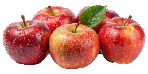 A fresh group of ripe red and yellow apples with water droplets isolated on transparent background
