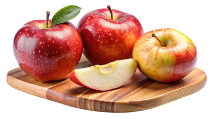 Three ripe red apples and a single apple slice arranged on a wooden board isolated on transparent background