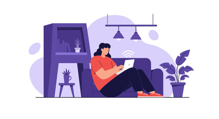 Woman working from home on laptop, modern illustration for website or blog.