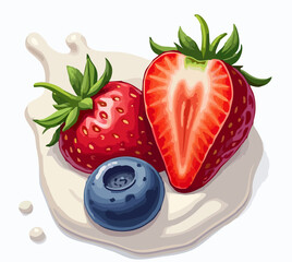 Vector design for food packaging 
with strawberry, blueberry berries,
splashes of milk yogurt isolated 
on white background. Fashionable print for paper, 
fruit juice, ice cream packaging. 